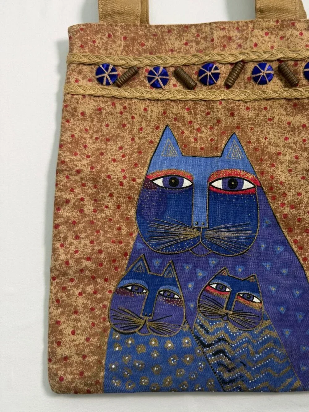 Laurel Burch Cat Tote Bag Vintage Style Canvas Handbag Blue Cats Folk Art Zipper